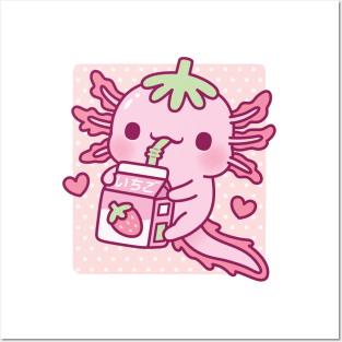 Cute Axolotl Loves Japanese Strawberry Milk Posters and Art